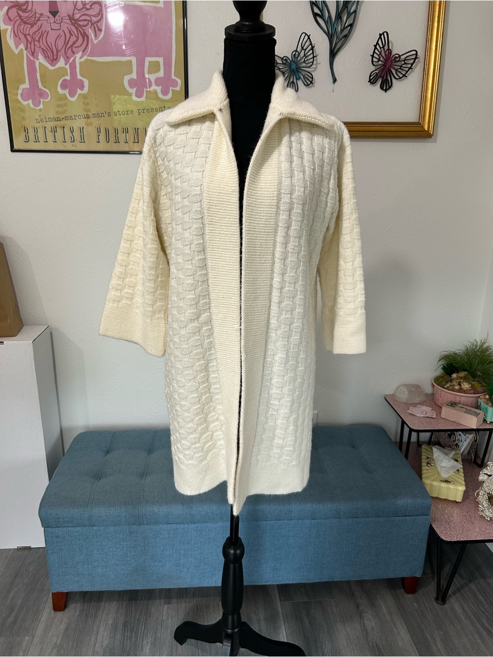 Vintage 1960s Cream Knit Open Front Cardigan 3 Quarter Sleeve